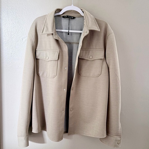 NWT Zara Textured Ottoman Overshirt Shacket Beige L - Picture 6 of 10